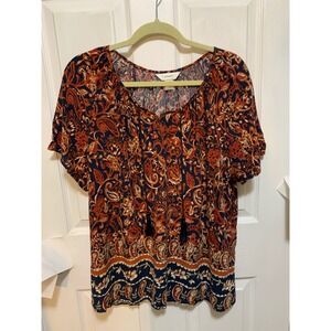 Christopher & Banks short sleeve paisley boho top XL blue/orange Flowy indie